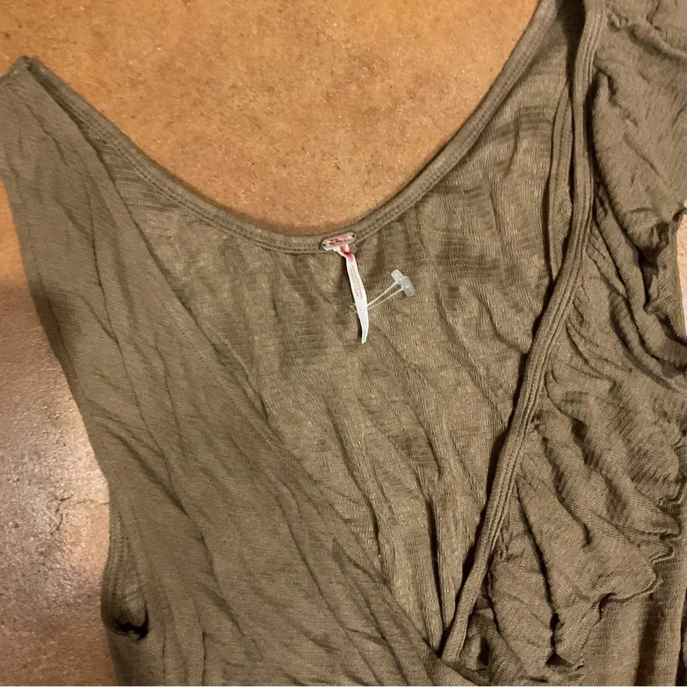 Free People Army Green Multi Ruffle Low Cut Tiered Guazy Bohemian Dress M A20